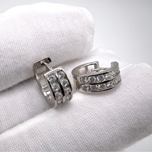 .925 Sterling Silver Cz Huggie Hoop Earrings - Picture 5 of 16